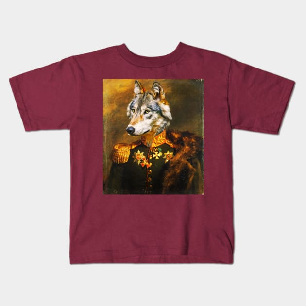 Wolf Vintage Military Portrait Kids T-Shirt by UselessRob